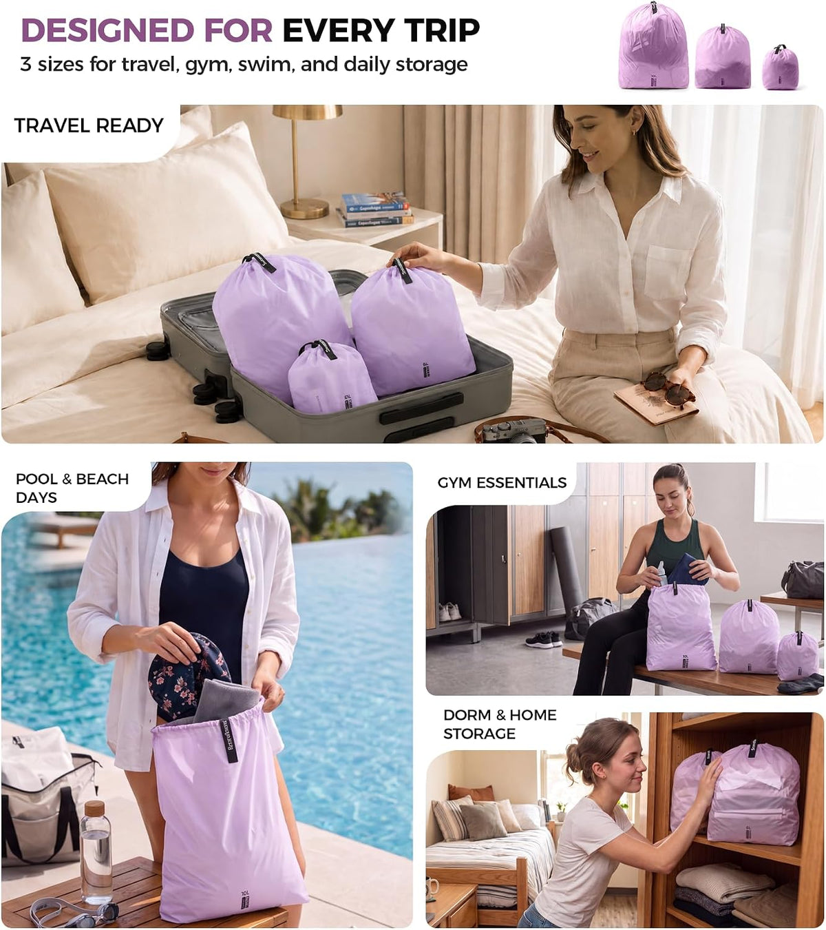 P.travel 3 Pack Travel Laundry Bags for Suitcases, Waterproof Fabric Drawstring Organizer Bags, Lightweight Reusable Packing Bags for Dirty Clothes, Gym, Swim, Beach, Dorm, Grey