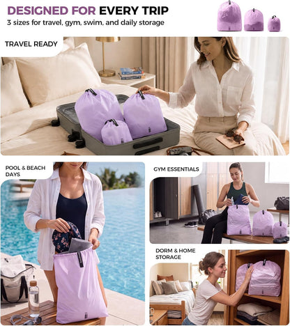 P.travel 3 Pack Travel Laundry Bags for Suitcases, Waterproof Fabric Drawstring Organizer Bags, Lightweight Reusable Packing Bags for Dirty Clothes, Gym, Swim, Beach, Dorm, Grey