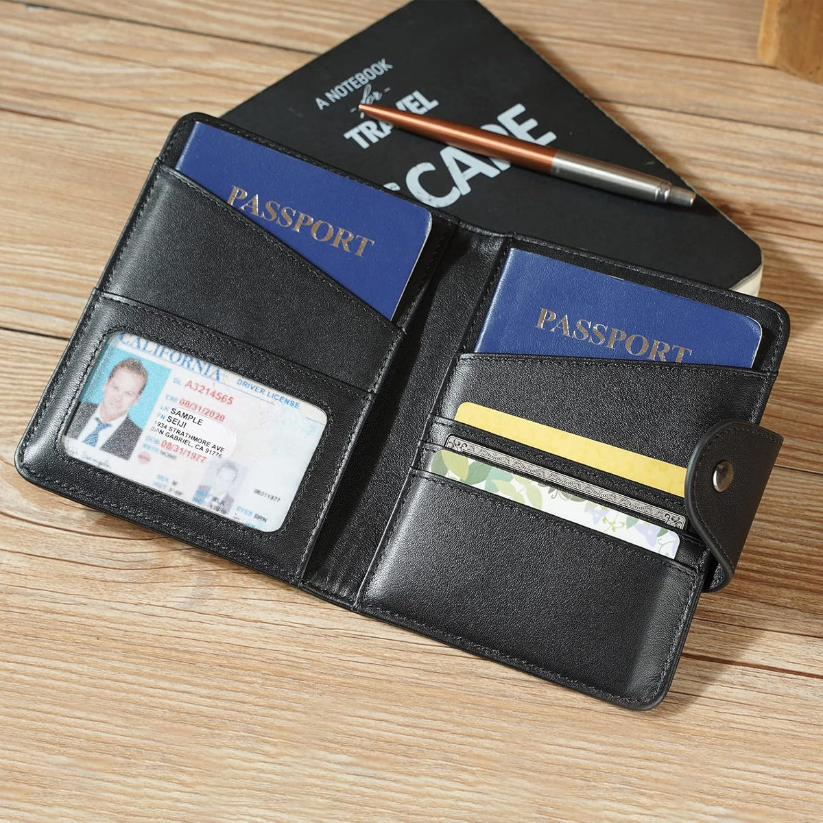 Polare Full Grain Leather Slim and Soft RFID Blocking wallet For Men Snap Bifold Travel Wallet Passport Holders 2 Passports (Dark Brown)