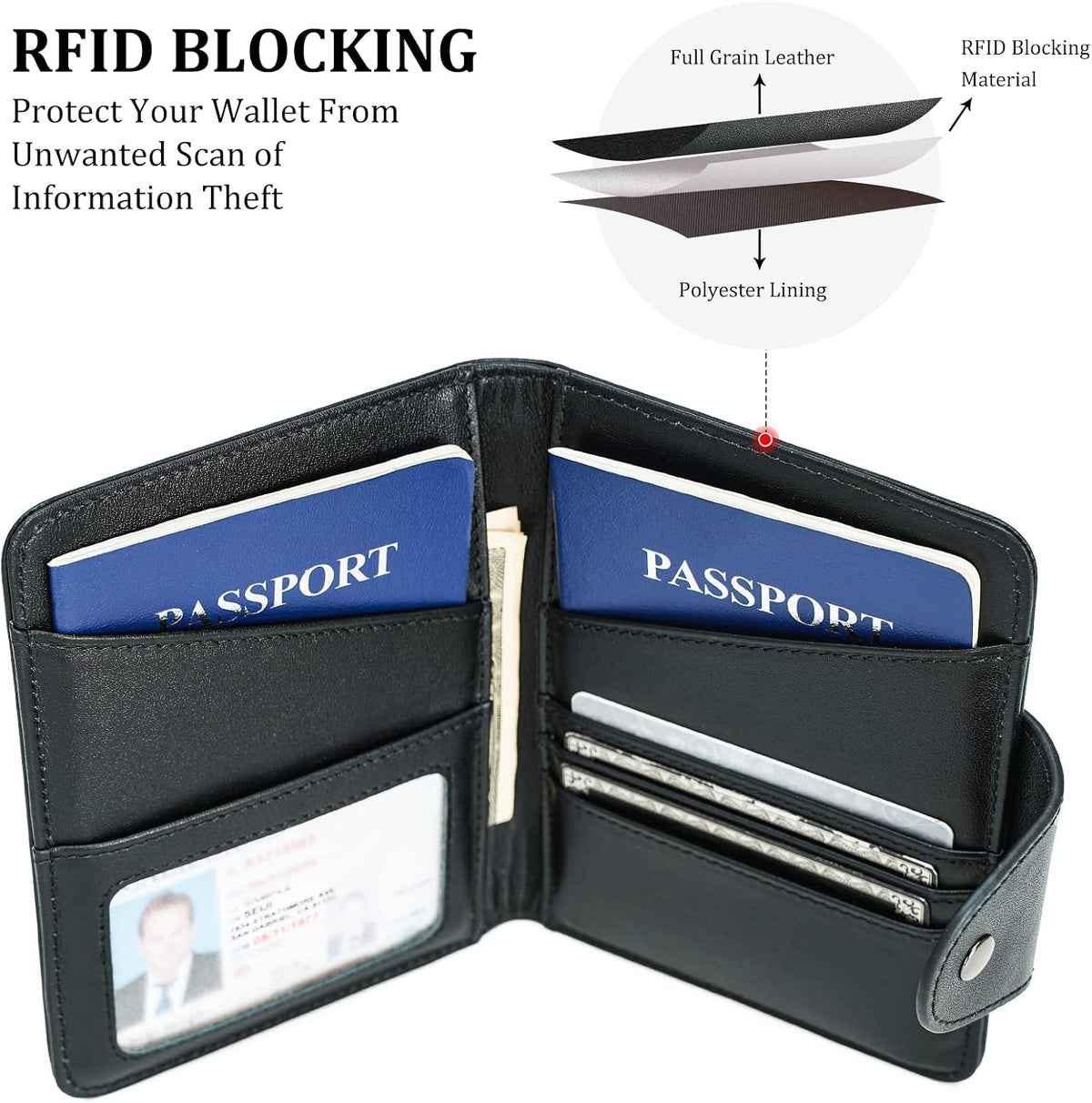 Polare Full Grain Leather Slim and Soft RFID Blocking wallet For Men Snap Bifold Travel Wallet Passport Holders 2 Passports (Dark Brown)