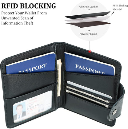 Polare Full Grain Leather Slim and Soft RFID Blocking wallet For Men Snap Bifold Travel Wallet Passport Holders 2 Passports (Dark Brown)