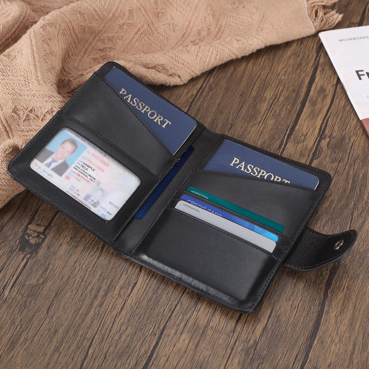 Polare Full Grain Leather Slim and Soft RFID Blocking wallet For Men Snap Bifold Travel Wallet Passport Holders 2 Passports (Dark Brown)