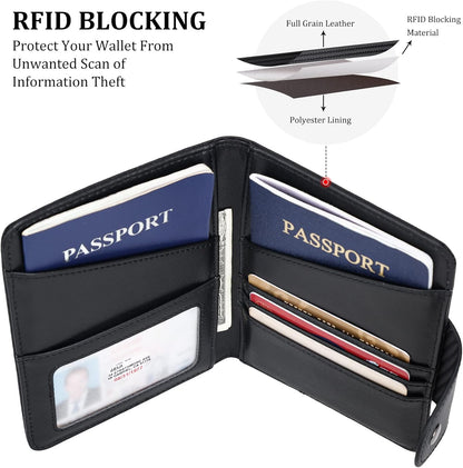 Polare Full Grain Leather Slim and Soft RFID Blocking wallet For Men Snap Bifold Travel Wallet Passport Holders 2 Passports (Dark Brown)