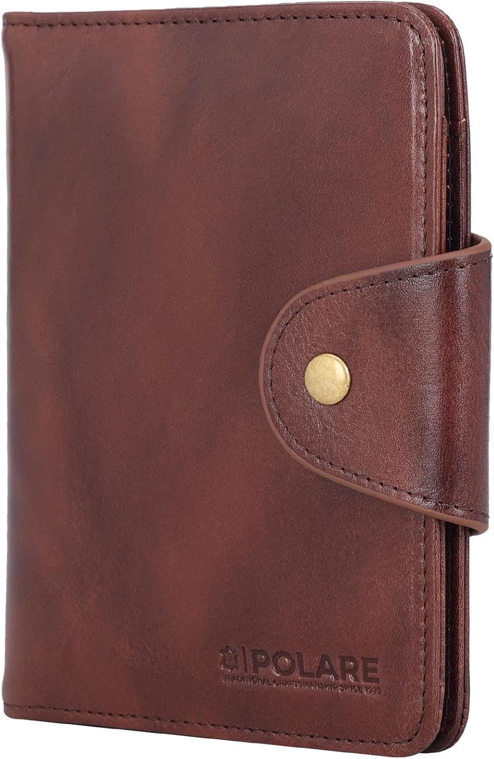Polare Full Grain Leather Slim and Soft RFID Blocking wallet For Men Snap Bifold Travel Wallet Passport Holders 2 Passports (Dark Brown)
