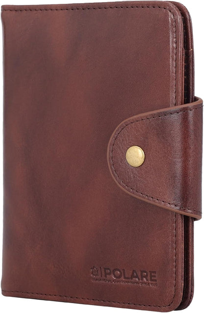 Polare Full Grain Leather Slim and Soft RFID Blocking wallet For Men Snap Bifold Travel Wallet Passport Holders 2 Passports (Dark Brown)