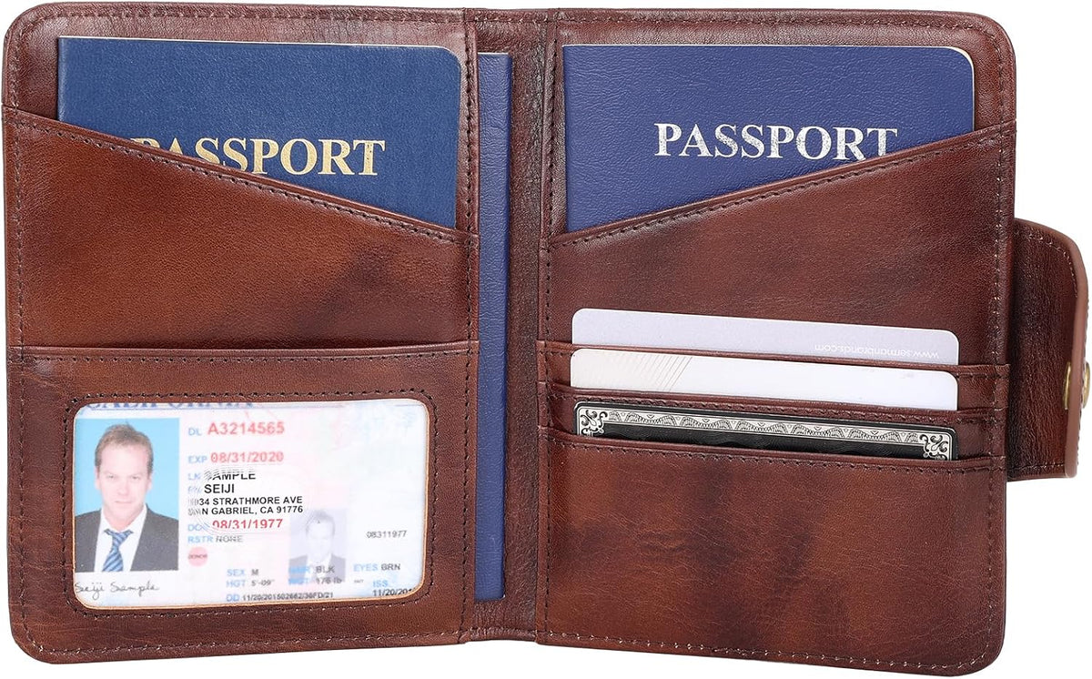Polare Full Grain Leather Slim and Soft RFID Blocking wallet For Men Snap Bifold Travel Wallet Passport Holders 2 Passports (Dark Brown)
