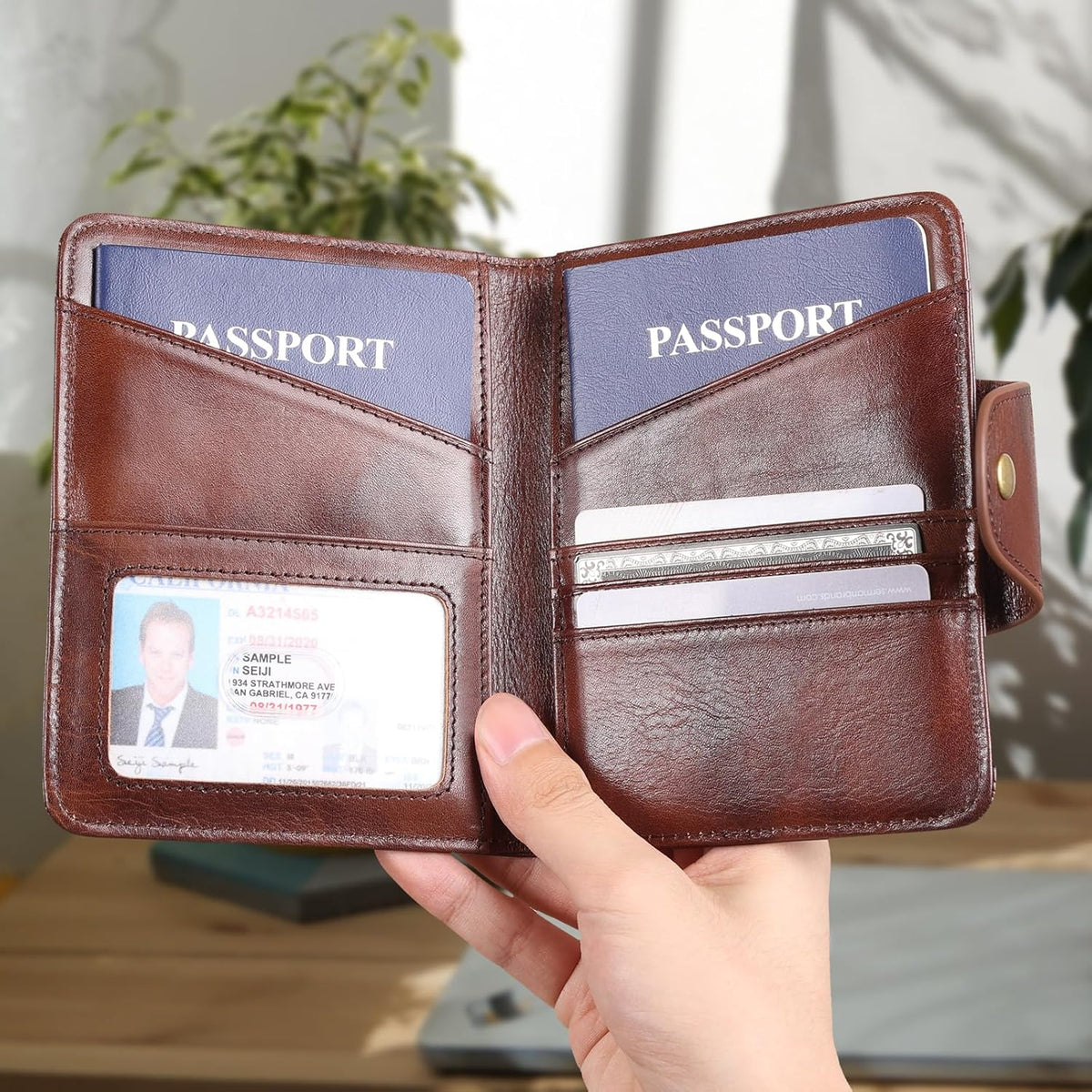 Polare Full Grain Leather Slim and Soft RFID Blocking wallet For Men Snap Bifold Travel Wallet Passport Holders 2 Passports (Dark Brown)