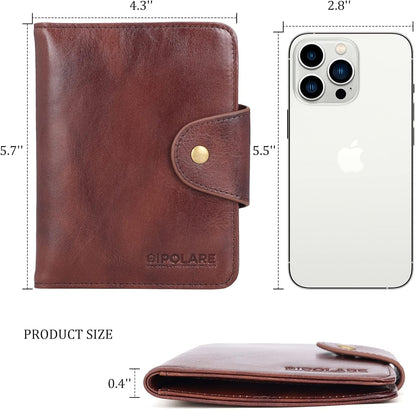 Polare Full Grain Leather Slim and Soft RFID Blocking wallet For Men Snap Bifold Travel Wallet Passport Holders 2 Passports (Dark Brown)