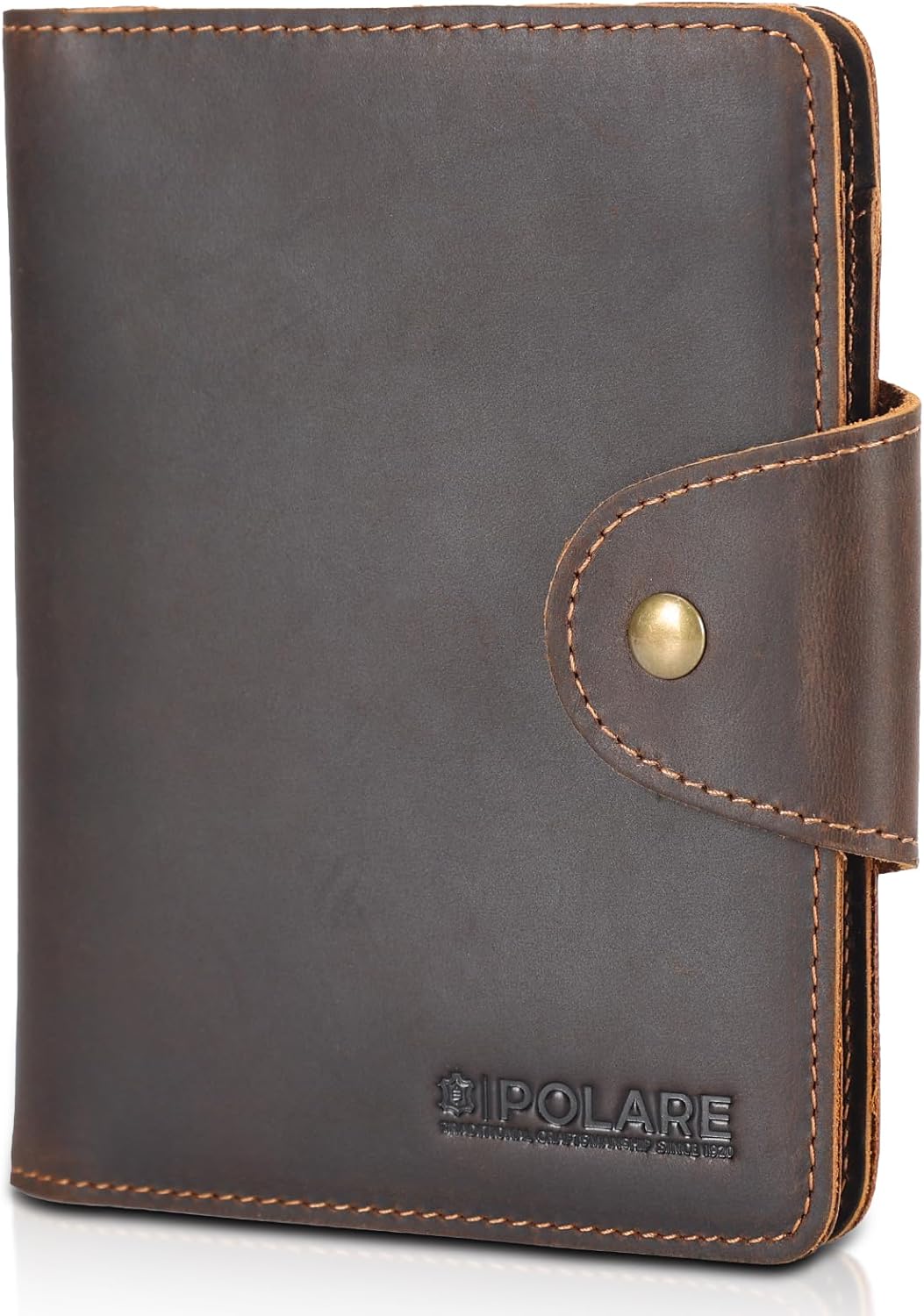 Polare Full Grain Leather Slim and Soft RFID Blocking wallet For Men Snap Bifold Travel Wallet Passport Holders 2 Passports (Dark Brown)