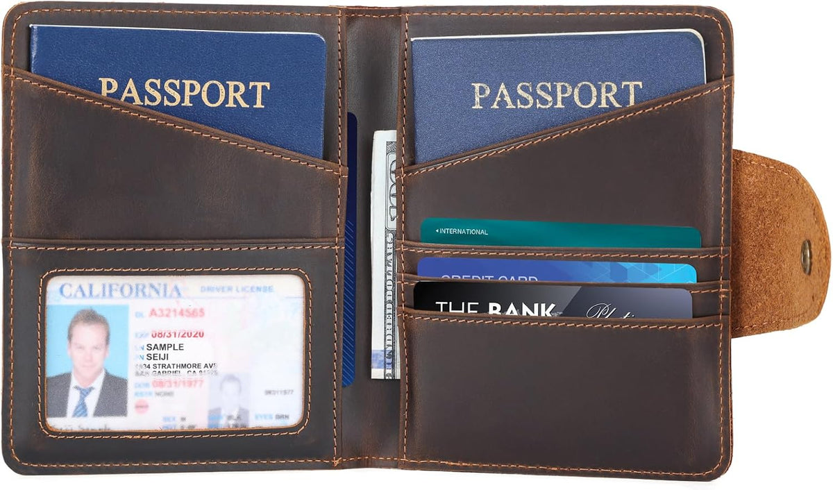 Polare Full Grain Leather Slim and Soft RFID Blocking wallet For Men Snap Bifold Travel Wallet Passport Holders 2 Passports (Dark Brown)