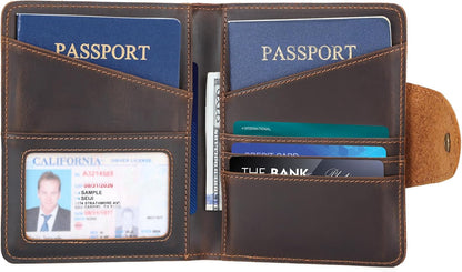 Polare Full Grain Leather Slim and Soft RFID Blocking wallet For Men Snap Bifold Travel Wallet Passport Holders 2 Passports (Dark Brown)