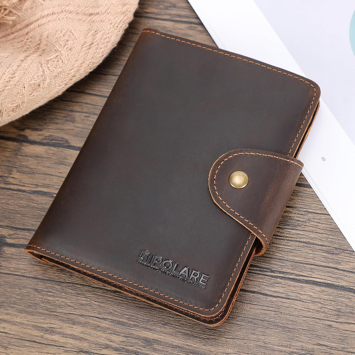 Polare Full Grain Leather Slim and Soft RFID Blocking wallet For Men Snap Bifold Travel Wallet Passport Holders 2 Passports (Dark Brown)