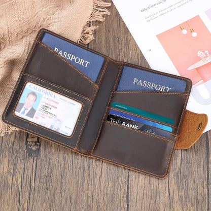 Polare Full Grain Leather Slim and Soft RFID Blocking wallet For Men Snap Bifold Travel Wallet Passport Holders 2 Passports (Dark Brown)