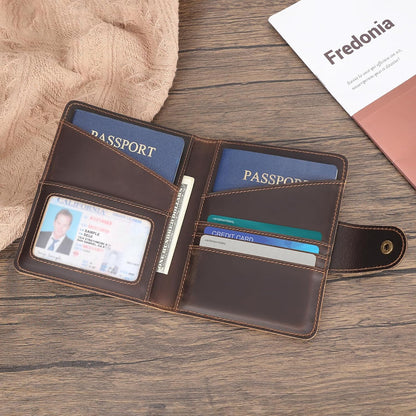 Polare Full Grain Leather Slim and Soft RFID Blocking wallet For Men Snap Bifold Travel Wallet Passport Holders 2 Passports (Dark Brown)