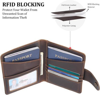 Polare Full Grain Leather Slim and Soft RFID Blocking wallet For Men Snap Bifold Travel Wallet Passport Holders 2 Passports (Dark Brown)