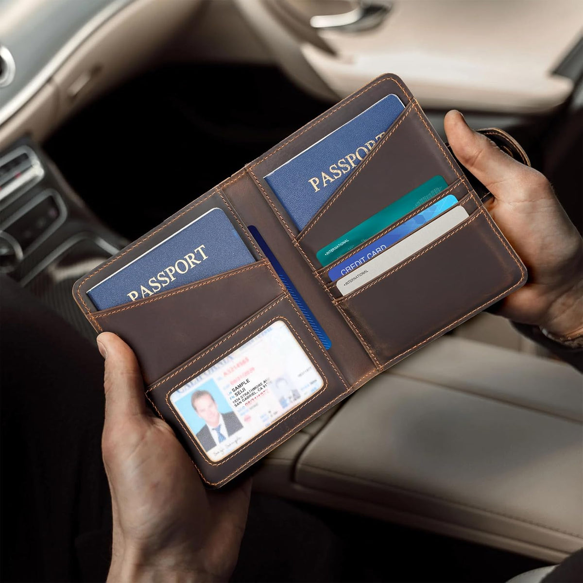 Polare Full Grain Leather Slim and Soft RFID Blocking wallet For Men Snap Bifold Travel Wallet Passport Holders 2 Passports (Dark Brown)