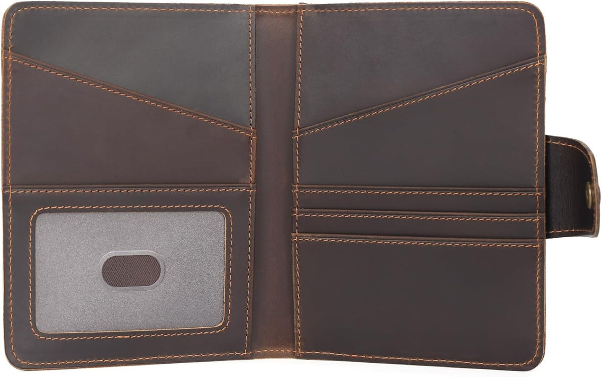 Polare Full Grain Leather Slim and Soft RFID Blocking wallet For Men Snap Bifold Travel Wallet Passport Holders 2 Passports (Dark Brown)