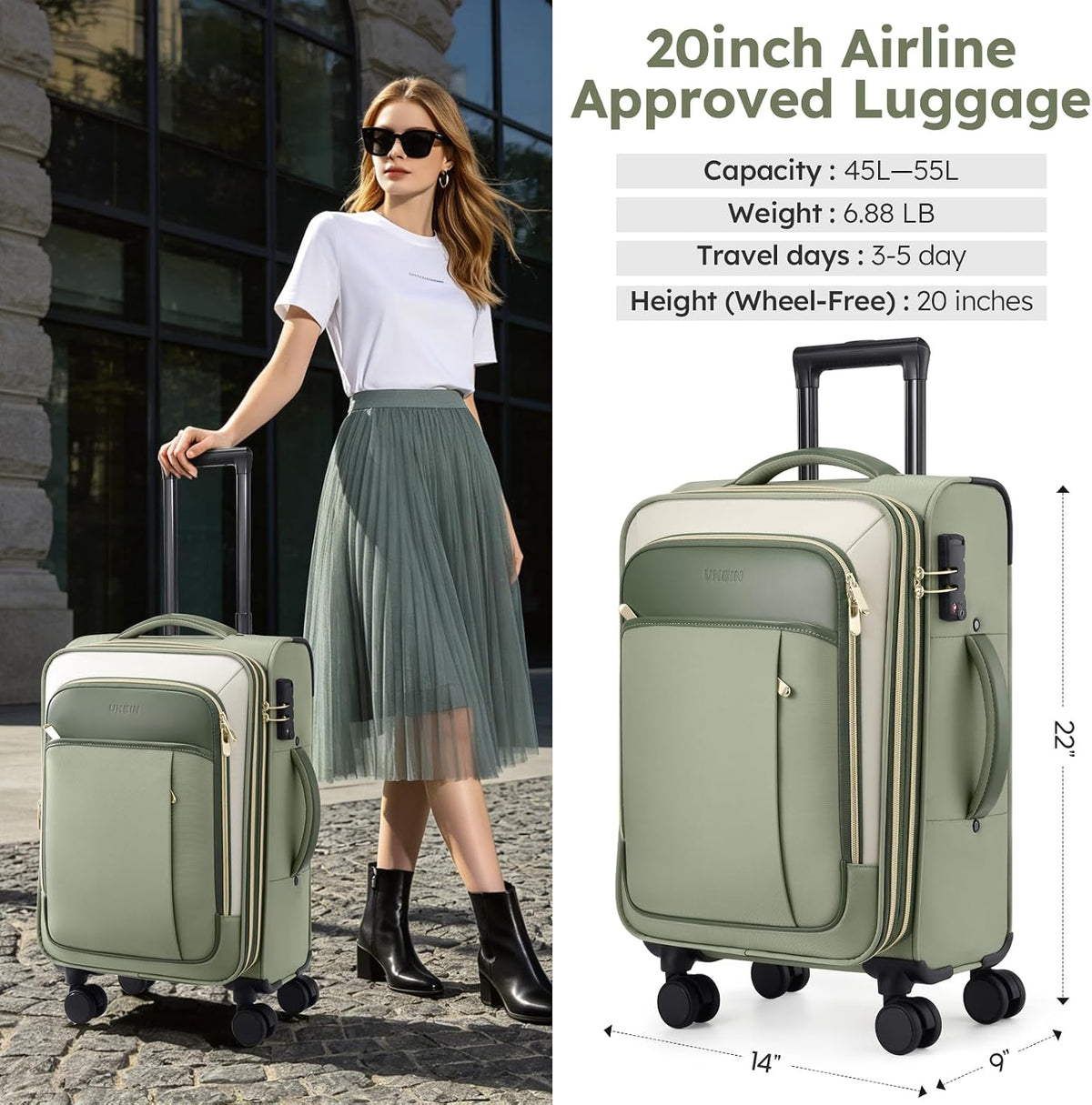Softside Expandable Carry On Luggage, 20in Carry on Suitcase with Wheels | 22x14x9 Airline Approved Luggage with TSA Lock/Front-Access 15.6in Device Compartment/4 Packing Bags For Travel Business Trip