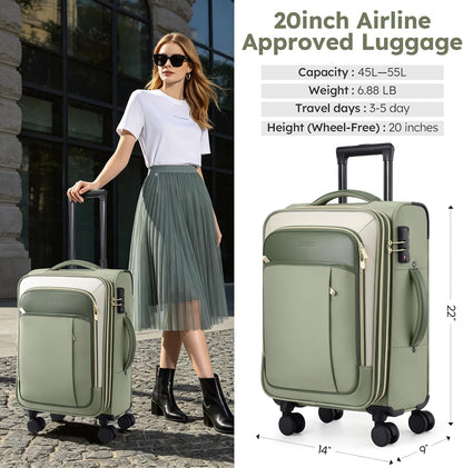 Softside Expandable Carry On Luggage, 20in Carry on Suitcase with Wheels | 22x14x9 Airline Approved Luggage with TSA Lock/Front-Access 15.6in Device Compartment/4 Packing Bags For Travel Business Trip