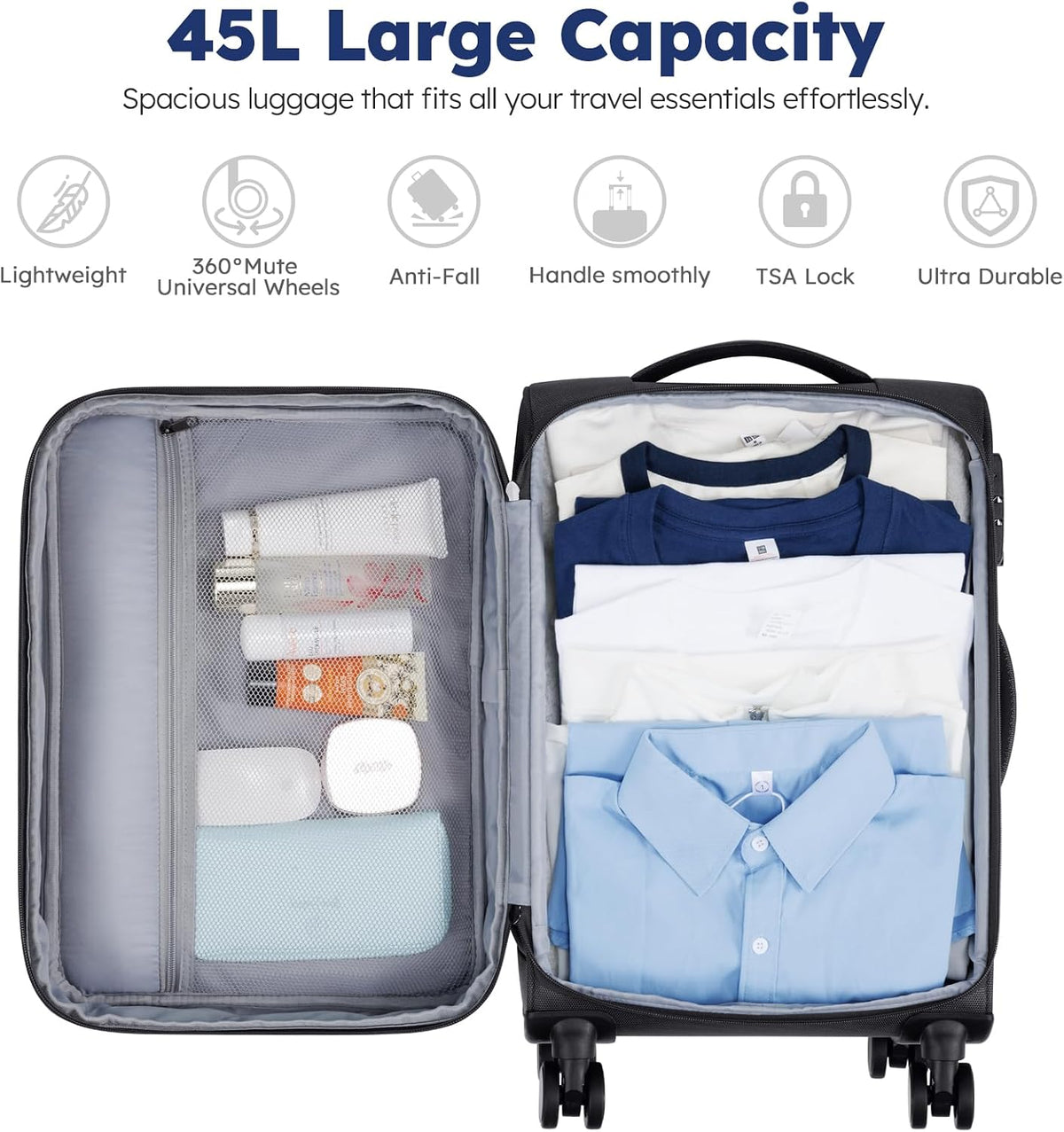 Softside Expandable Carry On Luggage, 20in Carry on Suitcase with Wheels | 22x14x9 Airline Approved Luggage with TSA Lock/Front-Access 15.6in Device Compartment/4 Packing Bags For Travel Business Trip