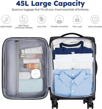 Softside Expandable Carry On Luggage, 20in Carry on Suitcase with Wheels | 22x14x9 Airline Approved Luggage with TSA Lock/Front-Access 15.6in Device Compartment/4 Packing Bags For Travel Business Trip