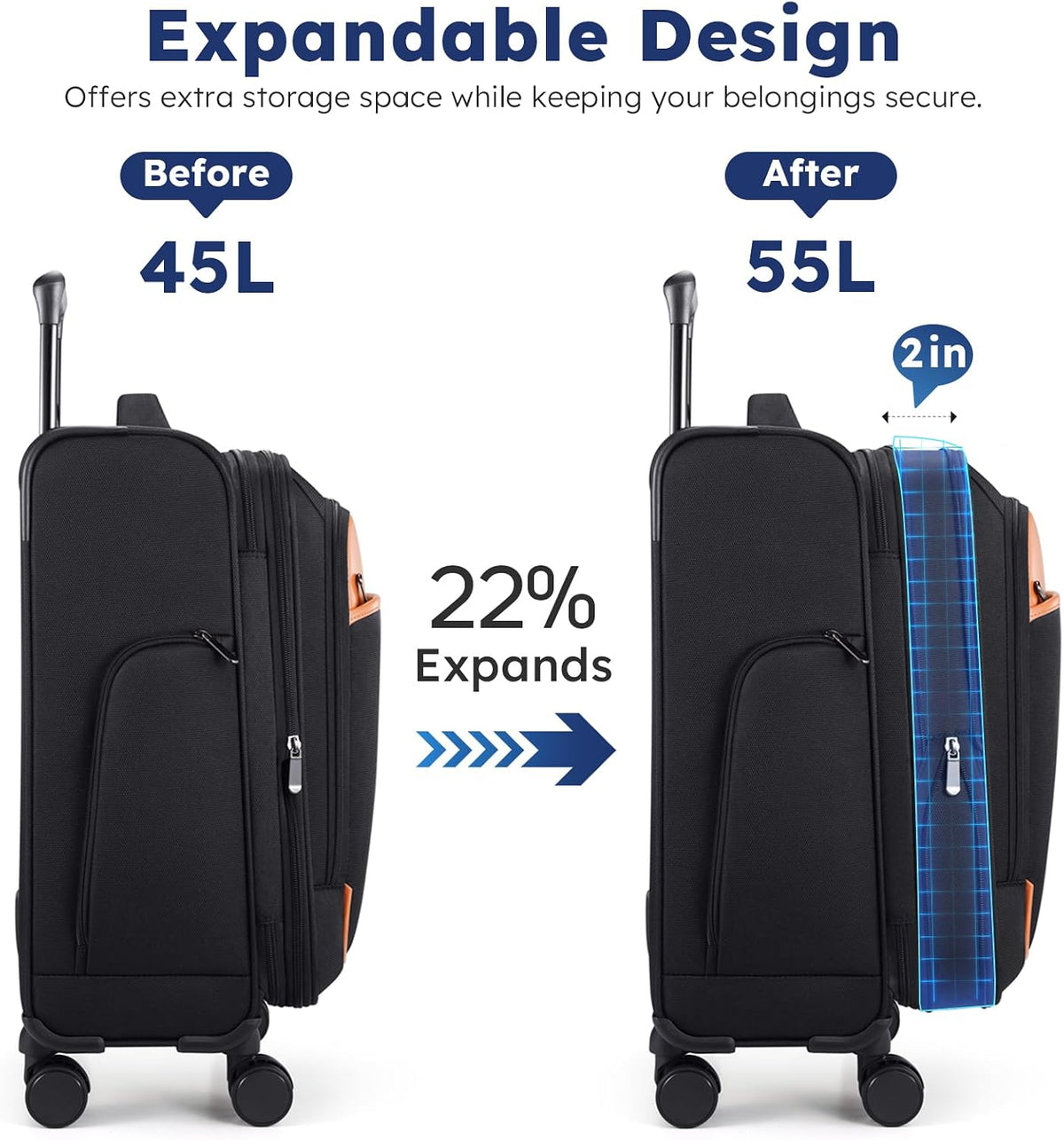 Softside Expandable Carry On Luggage, 20in Carry on Suitcase with Wheels | 22x14x9 Airline Approved Luggage with TSA Lock/Front-Access 15.6in Device Compartment/4 Packing Bags For Travel Business Trip