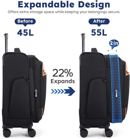 Softside Expandable Carry On Luggage, 20in Carry on Suitcase with Wheels | 22x14x9 Airline Approved Luggage with TSA Lock/Front-Access 15.6in Device Compartment/4 Packing Bags For Travel Business Trip
