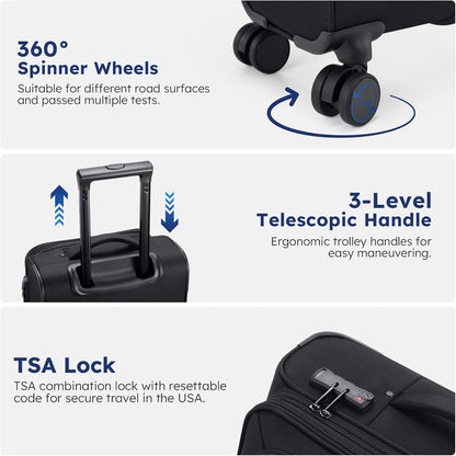 Softside Expandable Carry On Luggage, 20in Carry on Suitcase with Wheels | 22x14x9 Airline Approved Luggage with TSA Lock/Front-Access 15.6in Device Compartment/4 Packing Bags For Travel Business Trip