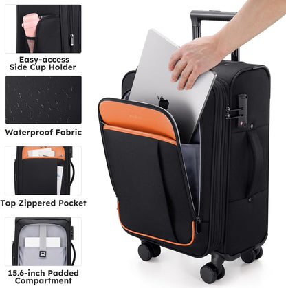 Softside Expandable Carry On Luggage, 20in Carry on Suitcase with Wheels | 22x14x9 Airline Approved Luggage with TSA Lock/Front-Access 15.6in Device Compartment/4 Packing Bags For Travel Business Trip