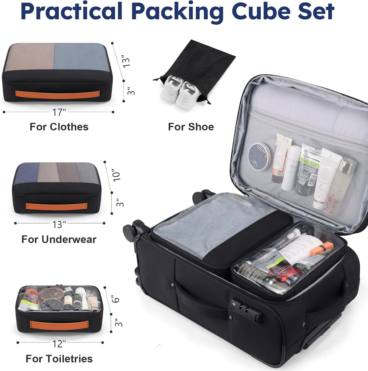 Softside Expandable Carry On Luggage, 20in Carry on Suitcase with Wheels | 22x14x9 Airline Approved Luggage with TSA Lock/Front-Access 15.6in Device Compartment/4 Packing Bags For Travel Business Trip