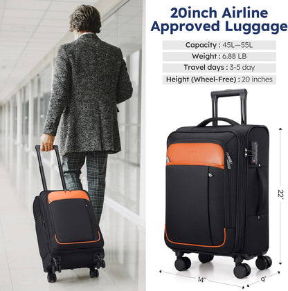 Softside Expandable Carry On Luggage, 20in Carry on Suitcase with Wheels | 22x14x9 Airline Approved Luggage with TSA Lock/Front-Access 15.6in Device Compartment/4 Packing Bags For Travel Business Trip