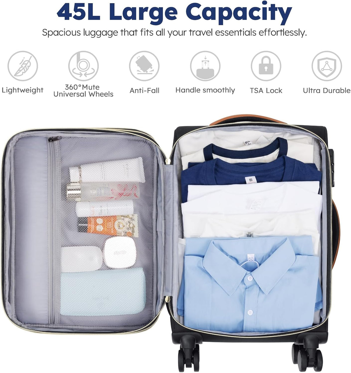 Softside Expandable Carry On Luggage, 20in Carry on Suitcase with Wheels | 22x14x9 Airline Approved Luggage with TSA Lock/Front-Access 15.6in Device Compartment/4 Packing Bags For Travel Business Trip
