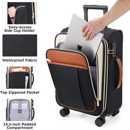 Softside Expandable Carry On Luggage, 20in Carry on Suitcase with Wheels | 22x14x9 Airline Approved Luggage with TSA Lock/Front-Access 15.6in Device Compartment/4 Packing Bags For Travel Business Trip