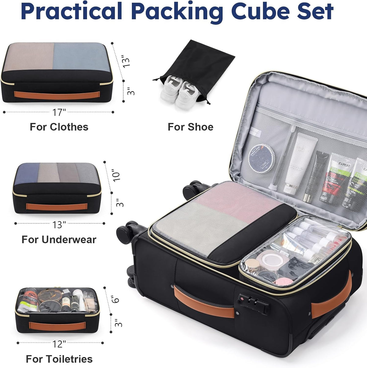 Softside Expandable Carry On Luggage, 20in Carry on Suitcase with Wheels | 22x14x9 Airline Approved Luggage with TSA Lock/Front-Access 15.6in Device Compartment/4 Packing Bags For Travel Business Trip