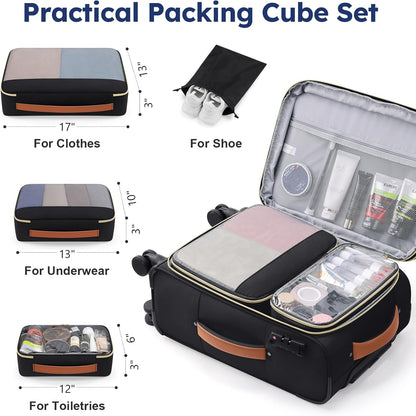 Softside Expandable Carry On Luggage, 20in Carry on Suitcase with Wheels | 22x14x9 Airline Approved Luggage with TSA Lock/Front-Access 15.6in Device Compartment/4 Packing Bags For Travel Business Trip