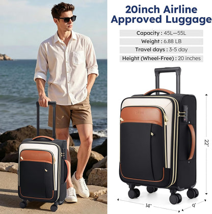Softside Expandable Carry On Luggage, 20in Carry on Suitcase with Wheels | 22x14x9 Airline Approved Luggage with TSA Lock/Front-Access 15.6in Device Compartment/4 Packing Bags For Travel Business Trip