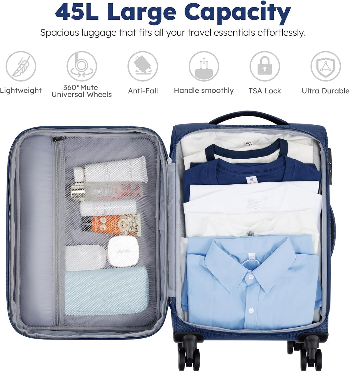 Softside Expandable Carry On Luggage, 20in Carry on Suitcase with Wheels | 22x14x9 Airline Approved Luggage with TSA Lock/Front-Access 15.6in Device Compartment/4 Packing Bags For Travel Business Trip