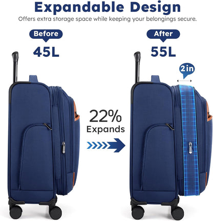 Softside Expandable Carry On Luggage, 20in Carry on Suitcase with Wheels | 22x14x9 Airline Approved Luggage with TSA Lock/Front-Access 15.6in Device Compartment/4 Packing Bags For Travel Business Trip