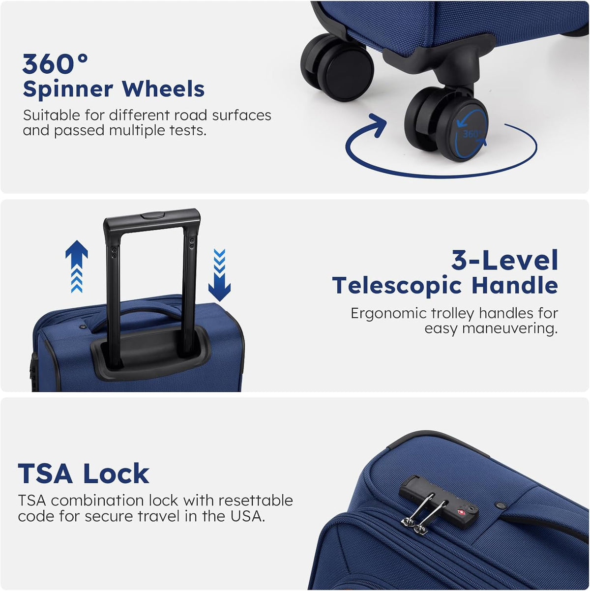 Softside Expandable Carry On Luggage, 20in Carry on Suitcase with Wheels | 22x14x9 Airline Approved Luggage with TSA Lock/Front-Access 15.6in Device Compartment/4 Packing Bags For Travel Business Trip