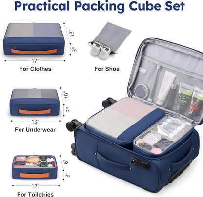 Softside Expandable Carry On Luggage, 20in Carry on Suitcase with Wheels | 22x14x9 Airline Approved Luggage with TSA Lock/Front-Access 15.6in Device Compartment/4 Packing Bags For Travel Business Trip