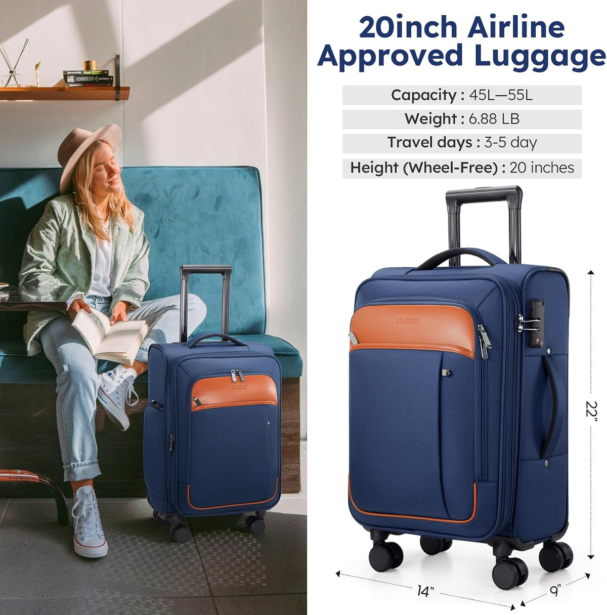 Softside Expandable Carry On Luggage, 20in Carry on Suitcase with Wheels | 22x14x9 Airline Approved Luggage with TSA Lock/Front-Access 15.6in Device Compartment/4 Packing Bags For Travel Business Trip