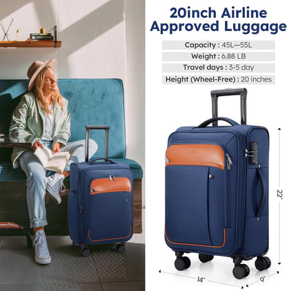 Softside Expandable Carry On Luggage, 20in Carry on Suitcase with Wheels | 22x14x9 Airline Approved Luggage with TSA Lock/Front-Access 15.6in Device Compartment/4 Packing Bags For Travel Business Trip