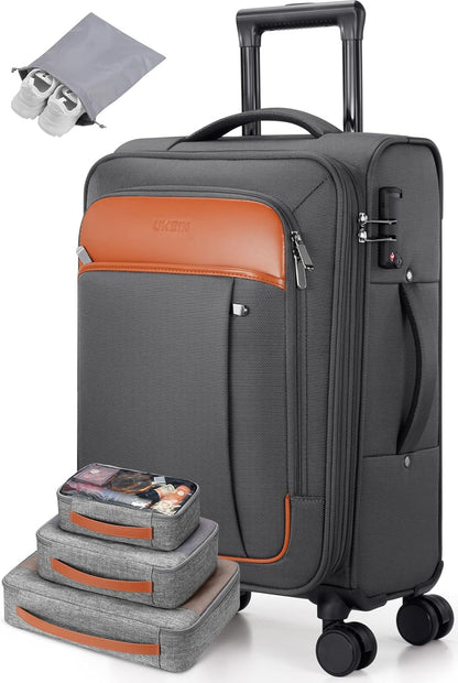 Softside Expandable Carry On Luggage, 20in Carry on Suitcase with Wheels | 22x14x9 Airline Approved Luggage with TSA Lock/Front-Access 15.6in Device Compartment/4 Packing Bags For Travel Business Trip