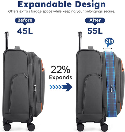 Softside Expandable Carry On Luggage, 20in Carry on Suitcase with Wheels | 22x14x9 Airline Approved Luggage with TSA Lock/Front-Access 15.6in Device Compartment/4 Packing Bags For Travel Business Trip