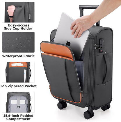 Softside Expandable Carry On Luggage, 20in Carry on Suitcase with Wheels | 22x14x9 Airline Approved Luggage with TSA Lock/Front-Access 15.6in Device Compartment/4 Packing Bags For Travel Business Trip