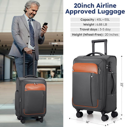 Softside Expandable Carry On Luggage, 20in Carry on Suitcase with Wheels | 22x14x9 Airline Approved Luggage with TSA Lock/Front-Access 15.6in Device Compartment/4 Packing Bags For Travel Business Trip