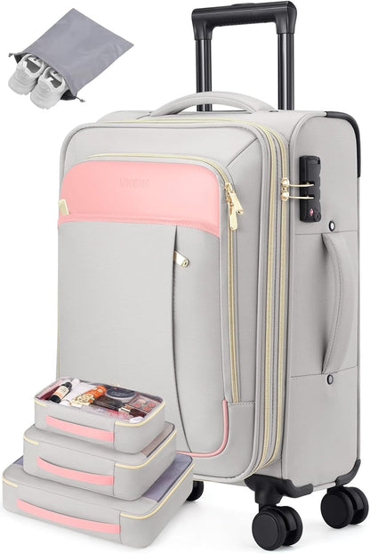Softside Expandable Carry On Luggage, 20in Carry on Suitcase with Wheels | 22x14x9 Airline Approved Luggage with TSA Lock/Front-Access 15.6in Device Compartment/4 Packing Bags For Travel Business Trip