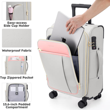 Softside Expandable Carry On Luggage, 20in Carry on Suitcase with Wheels | 22x14x9 Airline Approved Luggage with TSA Lock/Front-Access 15.6in Device Compartment/4 Packing Bags For Travel Business Trip