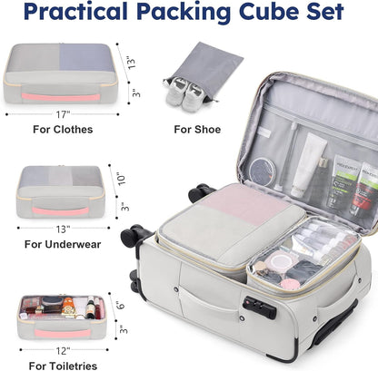 Softside Expandable Carry On Luggage, 20in Carry on Suitcase with Wheels | 22x14x9 Airline Approved Luggage with TSA Lock/Front-Access 15.6in Device Compartment/4 Packing Bags For Travel Business Trip