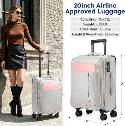 Softside Expandable Carry On Luggage, 20in Carry on Suitcase with Wheels | 22x14x9 Airline Approved Luggage with TSA Lock/Front-Access 15.6in Device Compartment/4 Packing Bags For Travel Business Trip